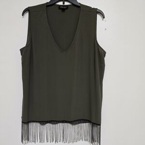THALIA SODI size Large V Neck Metal Fringe Tank Swing Party Olive Green‎